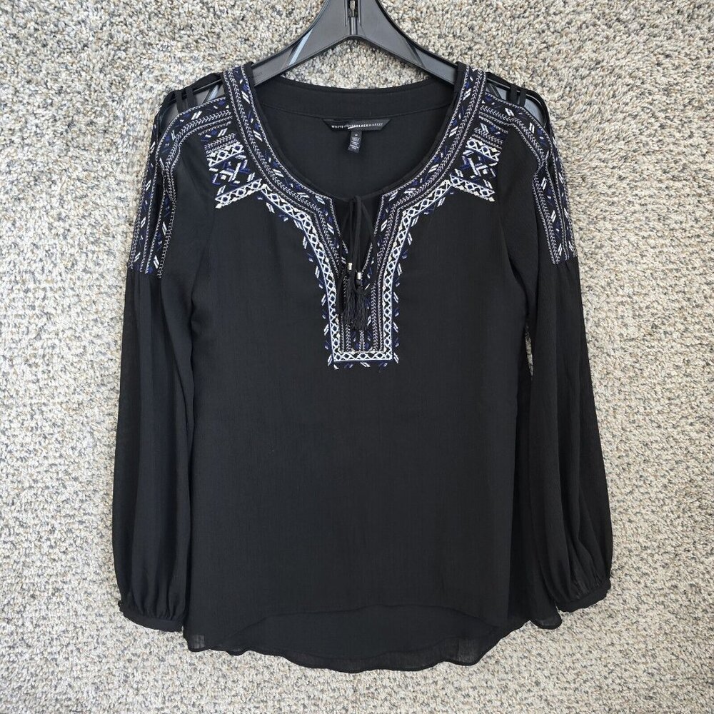 White House Black Market‎ Top Womens 0 Black Sheer Embroidered Oversized Ladies